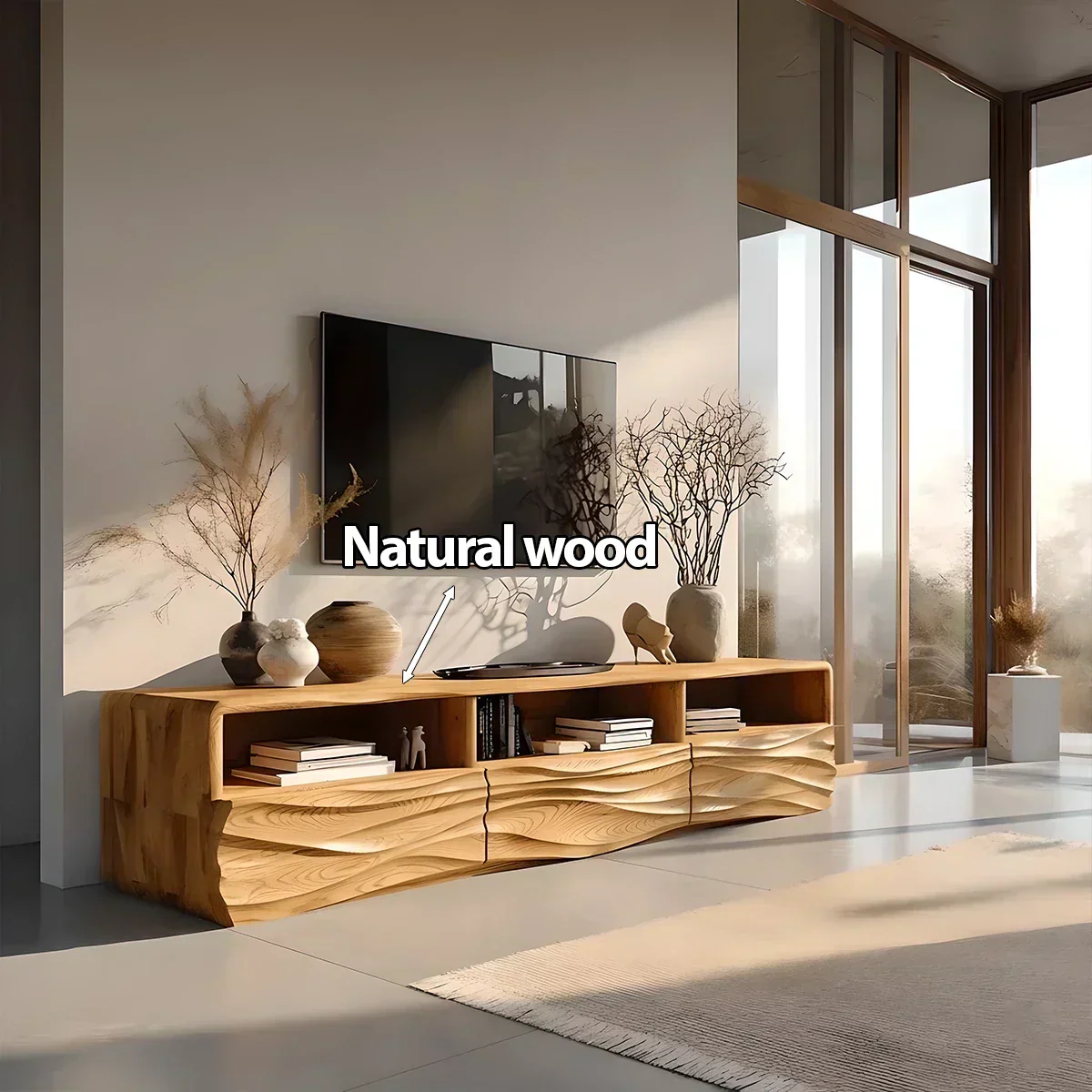 Oak Sculpted TV Stand with Open Shelves – Japandi Media Console - Rustiracraft 
