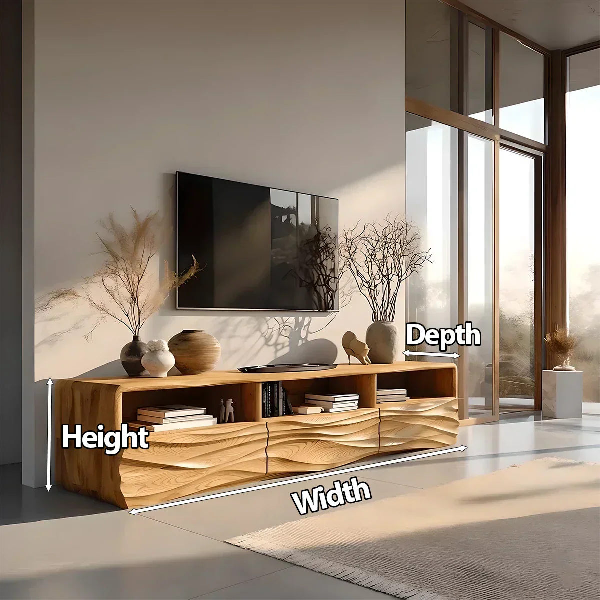 Oak Sculpted TV Stand with Open Shelves – Japandi Media Console - Rustiracraft 