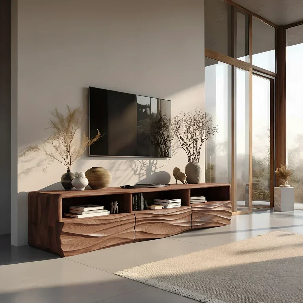 Oak Sculpted TV Stand with Open Shelves – Japandi Media Console - Rustiracraft 