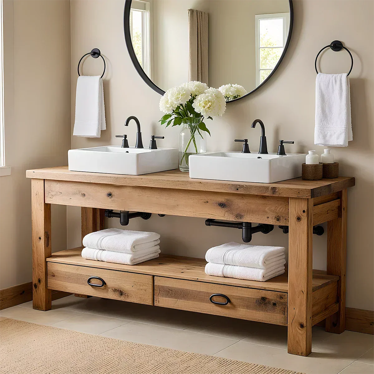 Open Frame Double Sink Solid Wood Vanity – Japandi Rustic Design - Rustiracraft 
