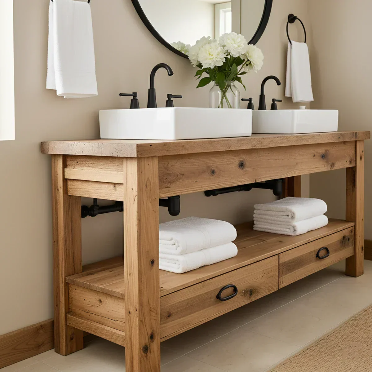 Open Frame Double Sink Solid Wood Vanity – Japandi Rustic Design - Rustiracraft 
