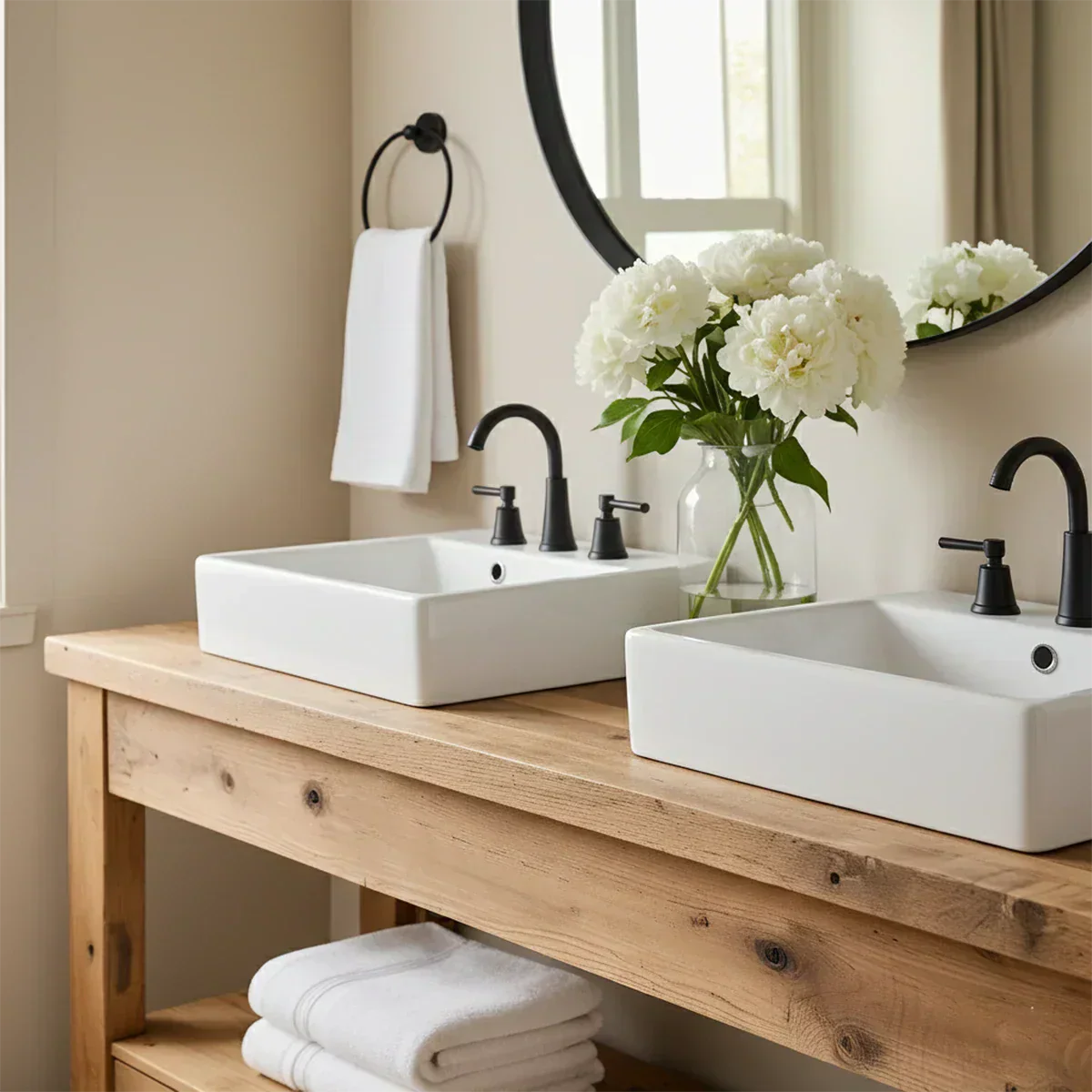 Open Frame Double Sink Solid Wood Vanity – Japandi Rustic Design - Rustiracraft 