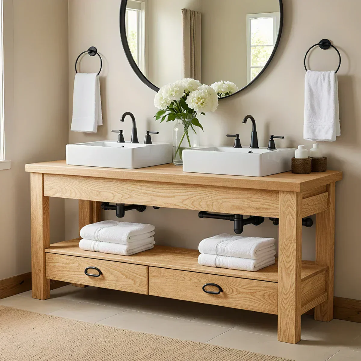 Open Frame Double Sink Solid Wood Vanity – Japandi Rustic Design - Rustiracraft 
