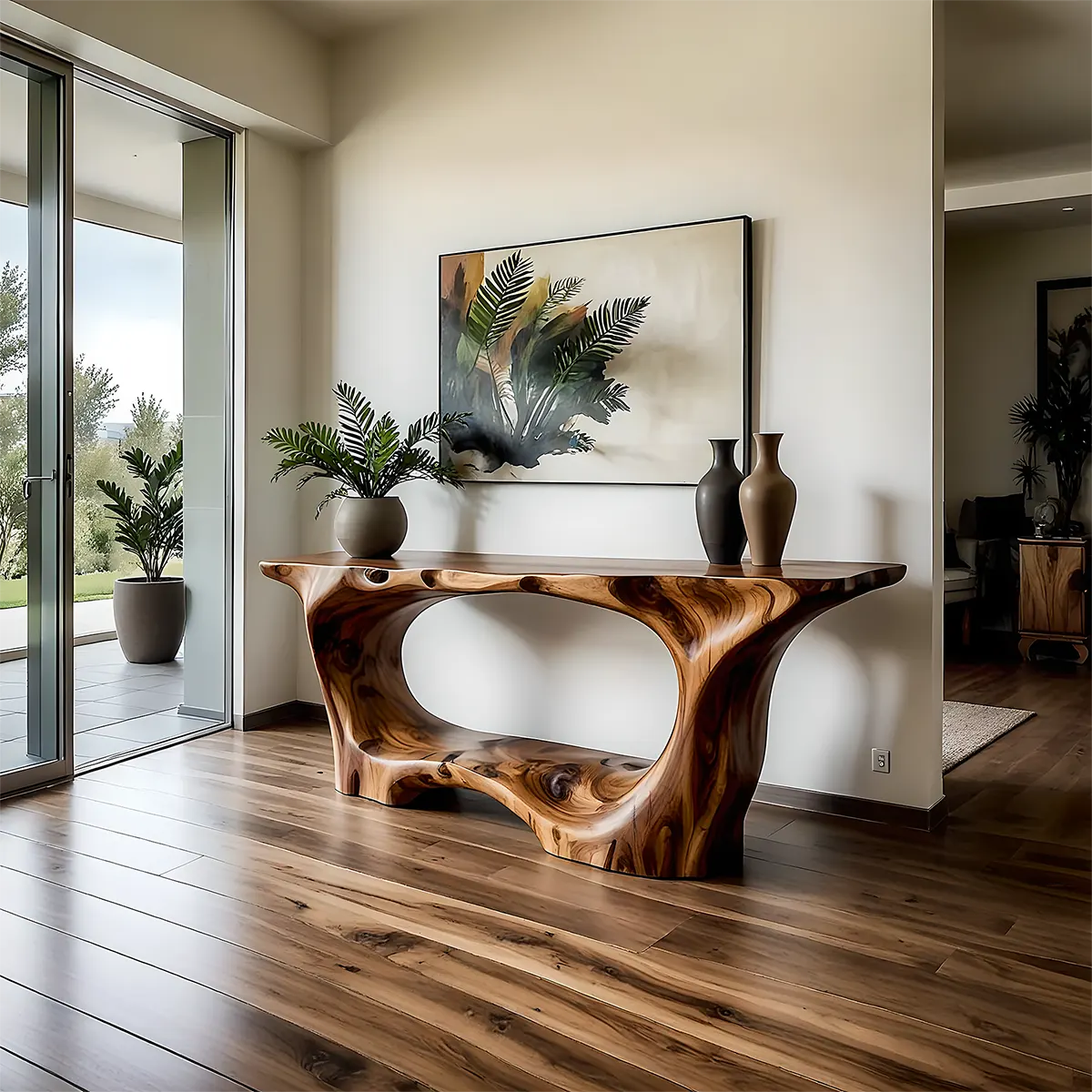 Open Frame Walnut Console Table – Natural Sculptural Form - Rustiracraft 
