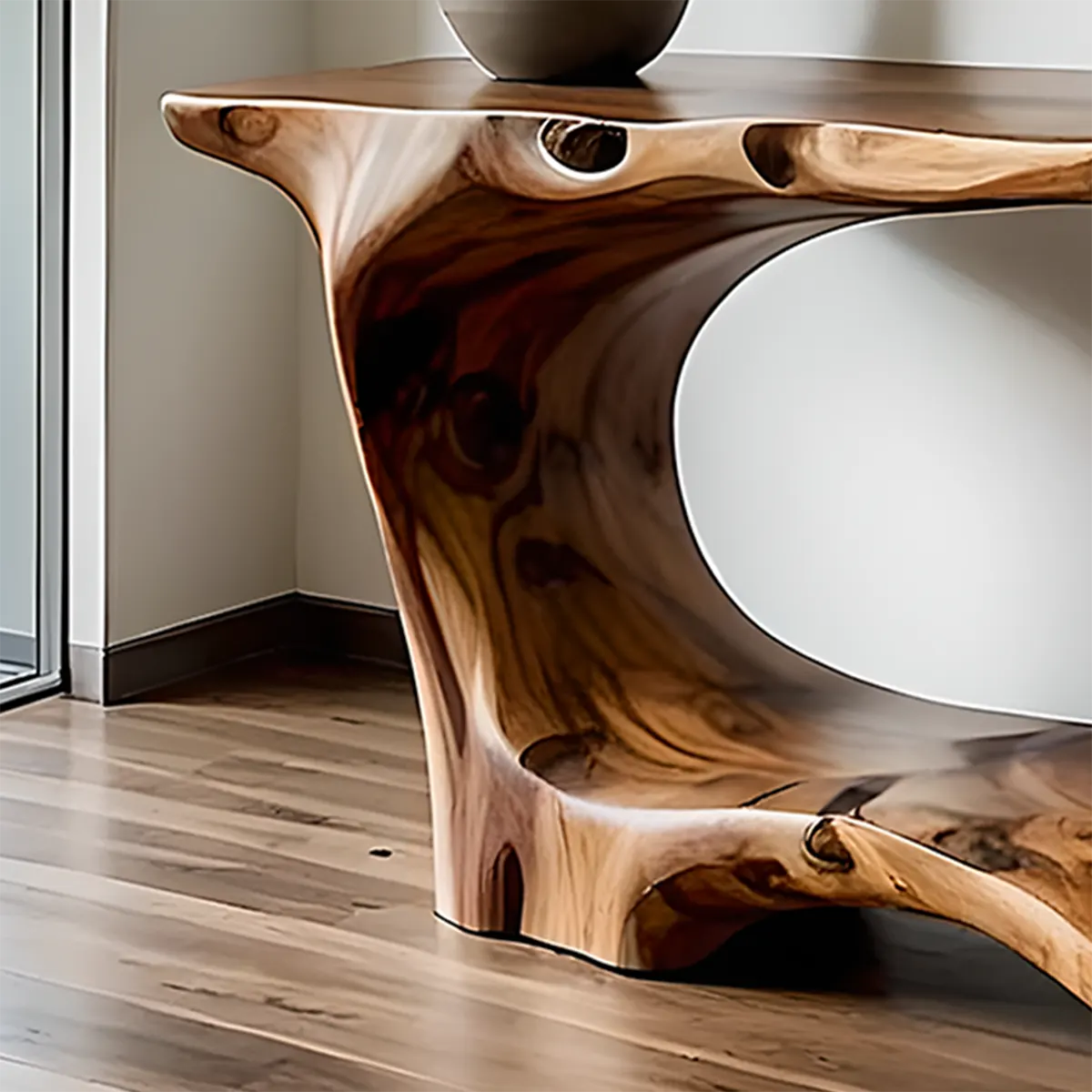 Open Frame Walnut Console Table – Natural Sculptural Form - Rustiracraft 