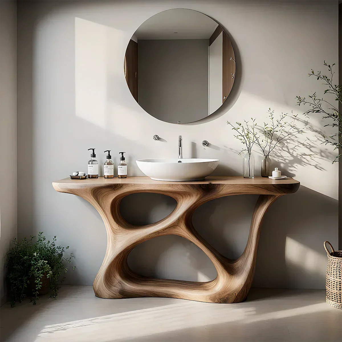 Organic Flow Solid Wood Vanity with Sculptural Form - Rustiracraft 