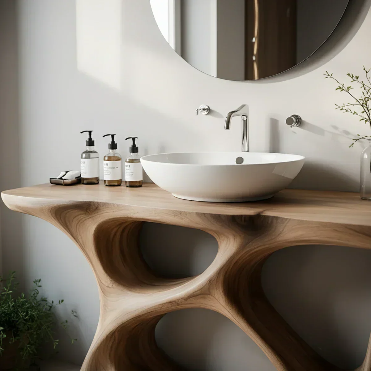 Organic Flow Solid Wood Vanity with Sculptural Form - Rustiracraft 