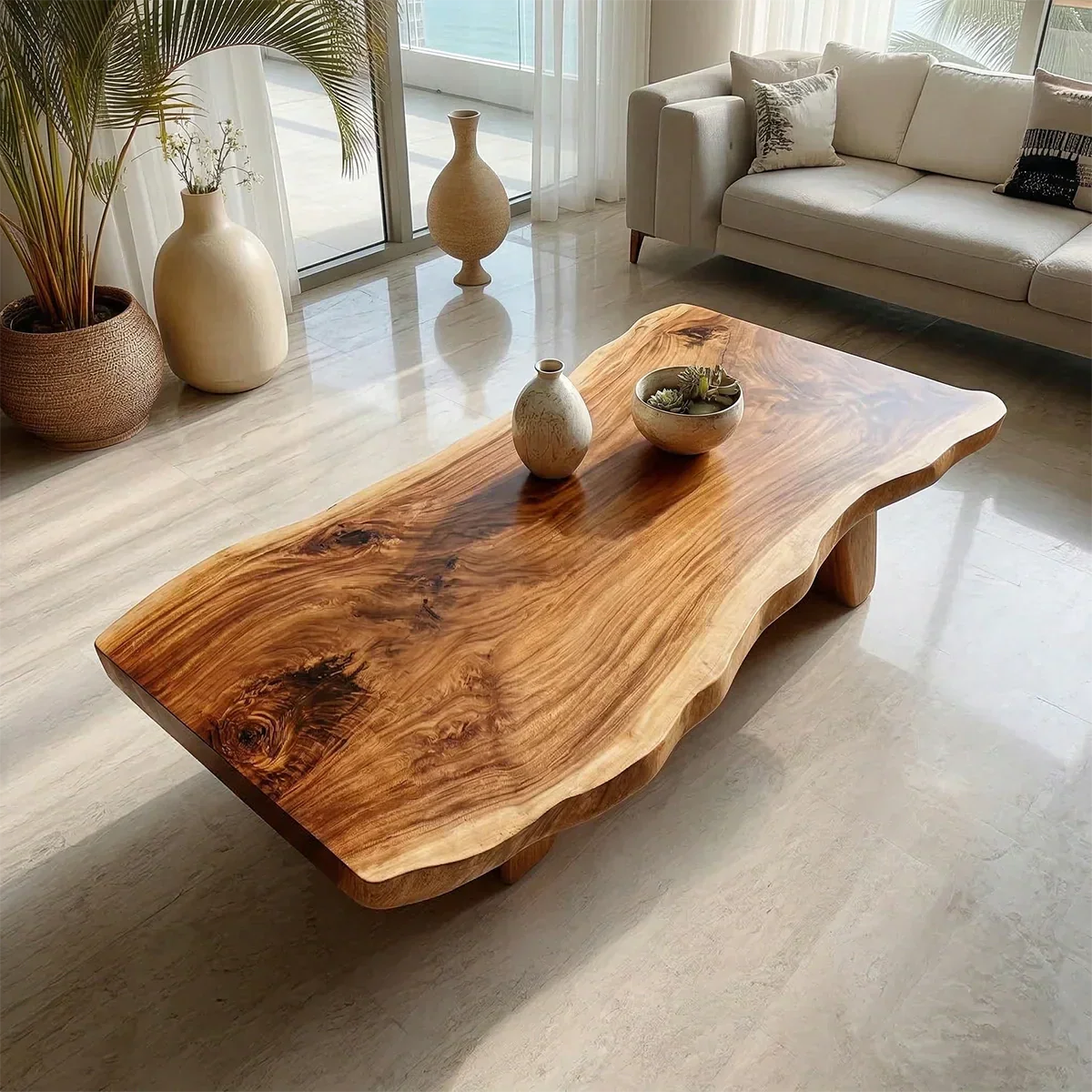 Organic Live Edge Coffee Table with Double Pedestal Base in Natural Solid Wood - Rustiracraft 