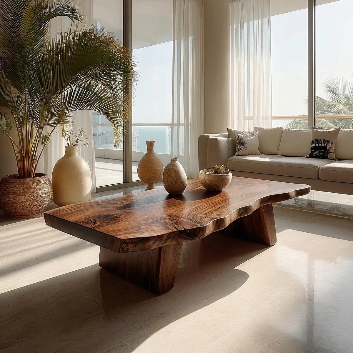 Organic Live Edge Coffee Table with Double Pedestal Base in Natural Solid Wood - Rustiracraft 