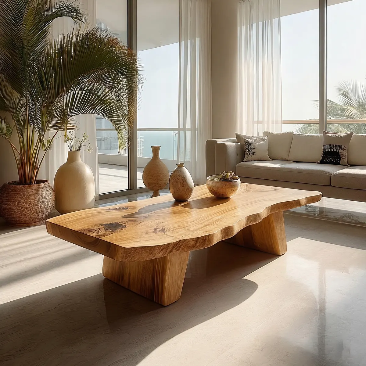 Organic Live Edge Coffee Table with Double Pedestal Base in Natural Solid Wood - Rustiracraft 