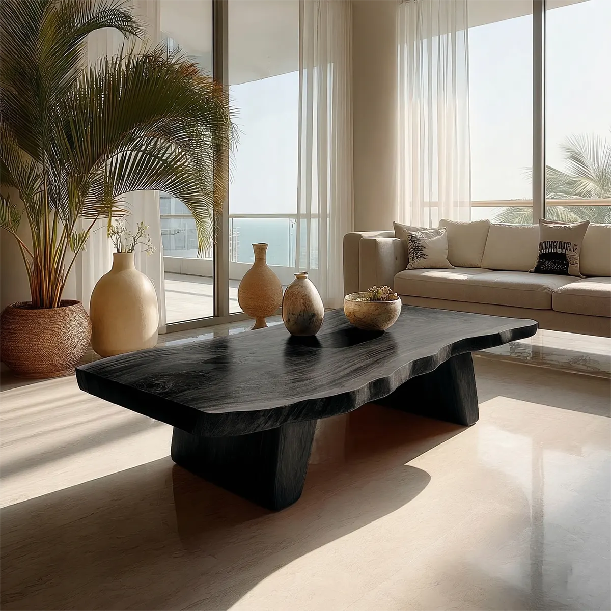 Organic Live Edge Coffee Table with Double Pedestal Base in Natural Solid Wood - Rustiracraft 