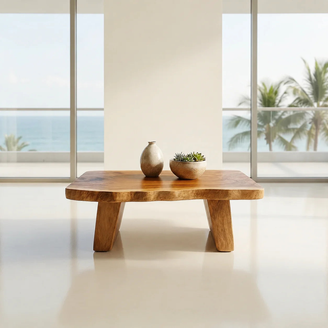 Organic Live Edge Coffee Table with Double Pedestal Base in Natural Solid Wood - Rustiracraft