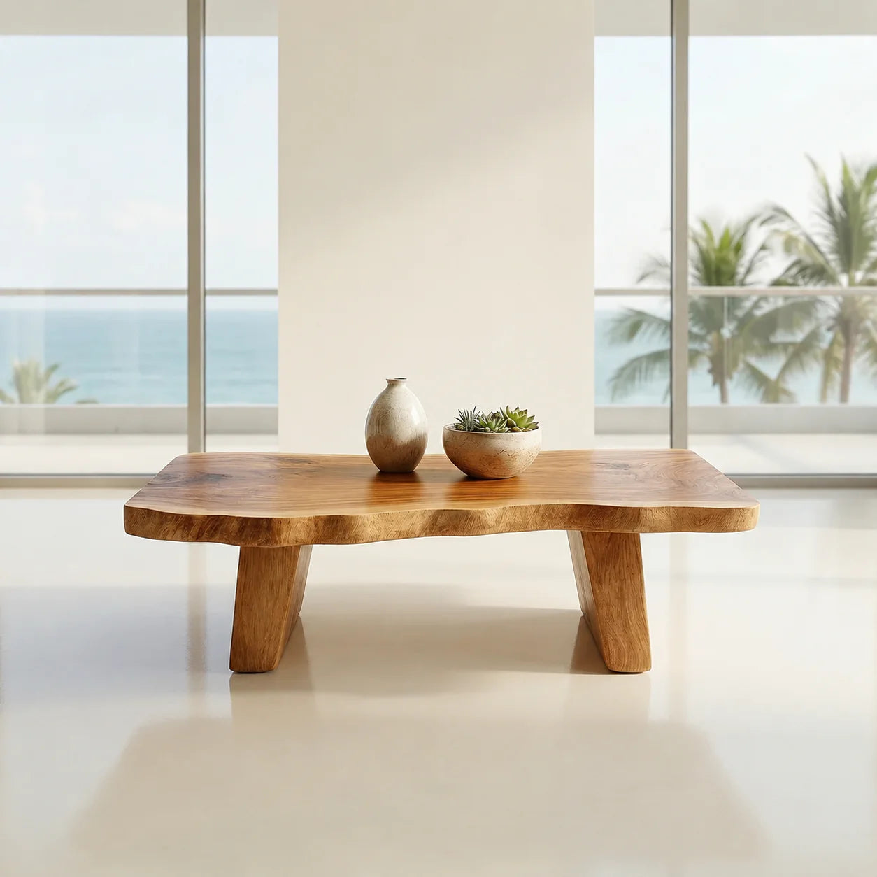 Organic Live Edge Coffee Table with Double Pedestal Base in Natural Solid Wood - Rustiracraft