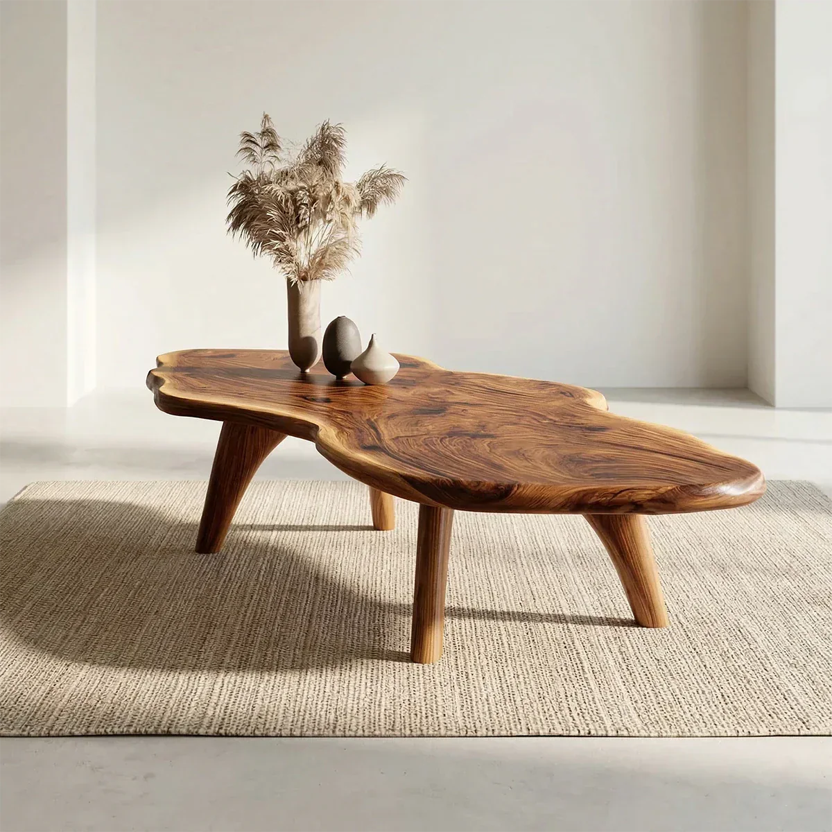 Organic Live Edge Natural Solid Wood Coffee Table with Sculptural Legs - Rustiracraft 