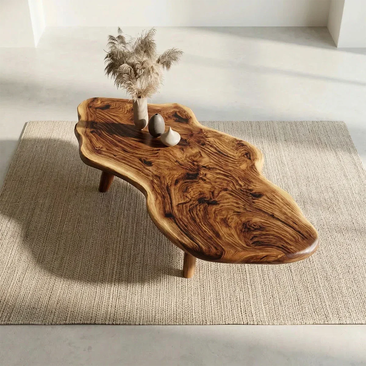 Organic Live Edge Natural Solid Wood Coffee Table with Sculptural Legs - Rustiracraft 