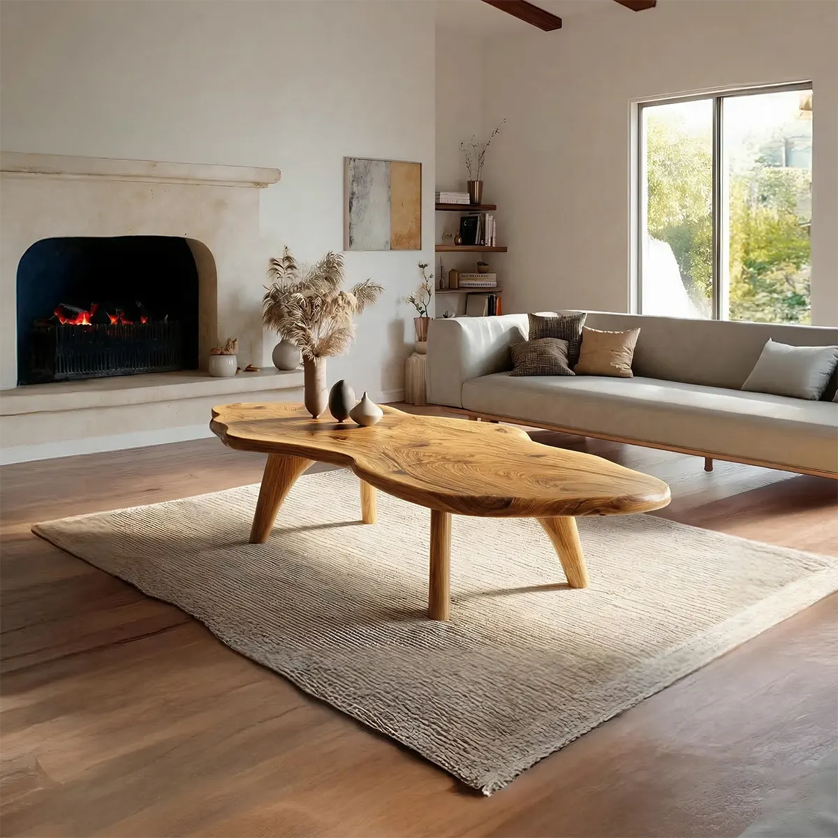 Organic Live Edge Natural Solid Wood Coffee Table with Sculptural Legs - Rustiracraft 