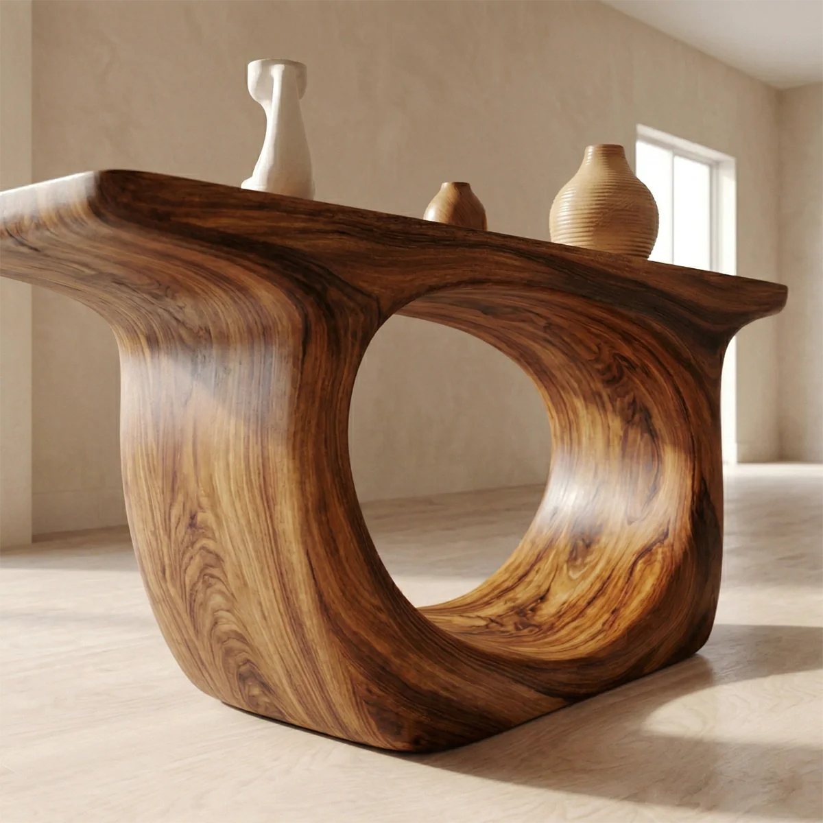Organic Modern Solid Wood Console Table with Sculptural Curved Form - Rustiracraft