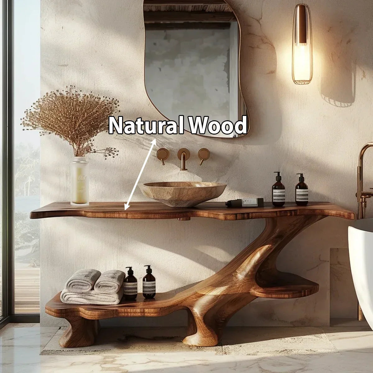 Organic Solid Wood Bathroom Vanity With Sculptural Base & Shelf - Rustiracraft 