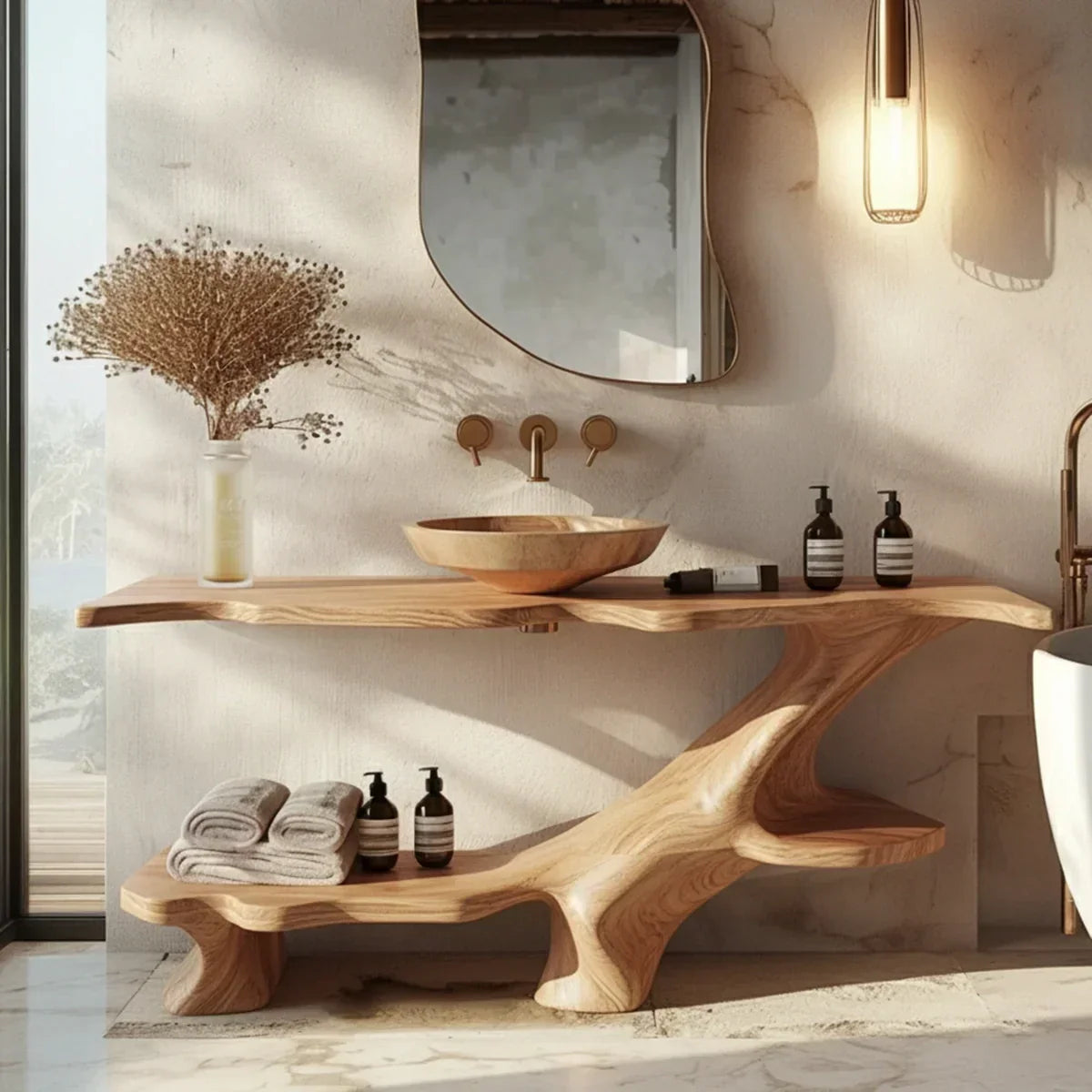 Organic Solid Wood Bathroom Vanity With Sculptural Base & Shelf - Rustiracraft 
