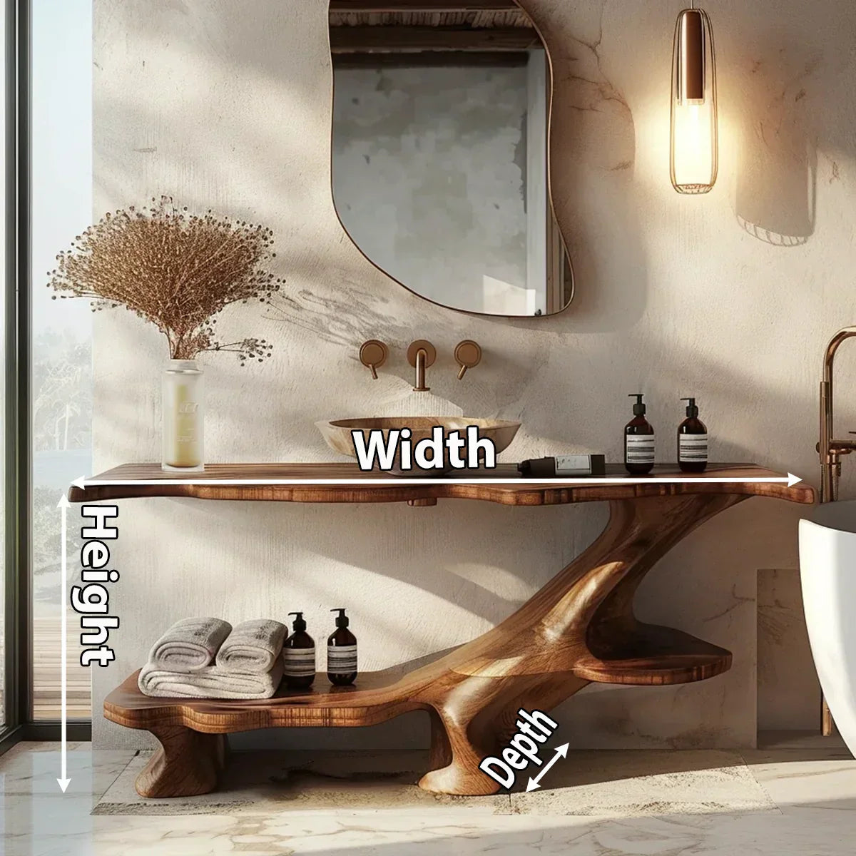 Organic Solid Wood Bathroom Vanity With Sculptural Base & Shelf - Rustiracraft 