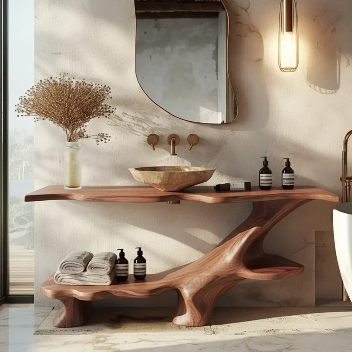 Organic Solid Wood Bathroom Vanity With Sculptural Base & Shelf - Rustiracraft 