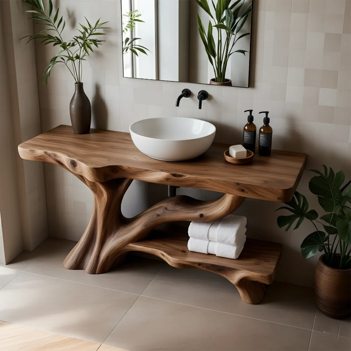 Organic Tree-Inspired Live Edge Solid Wood Bathroom Vanity - Rustiracraft 