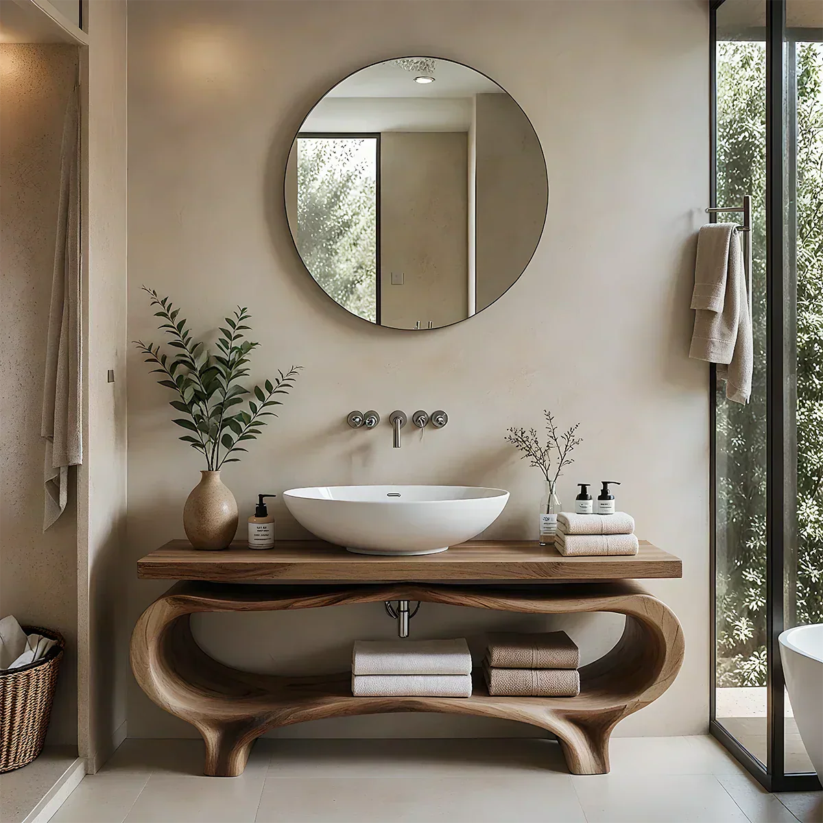 Organic Wave Solid Wood Vanity – Sculpted Open Shelf Spa Console - Rustiracraft 