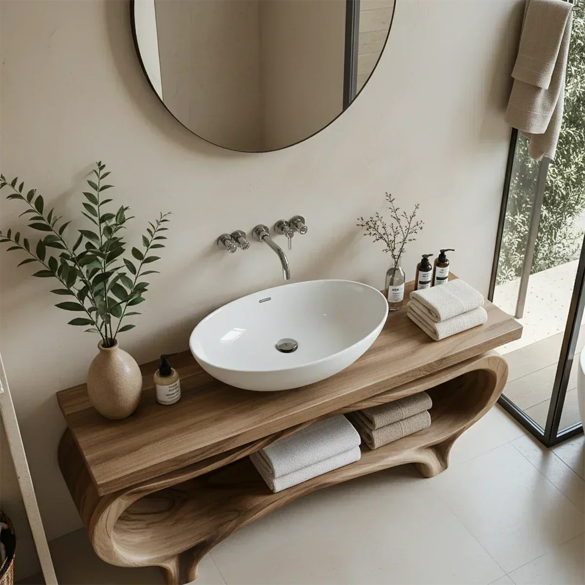 Organic Wave Solid Wood Vanity – Sculpted Open Shelf Spa Console - Rustiracraft 