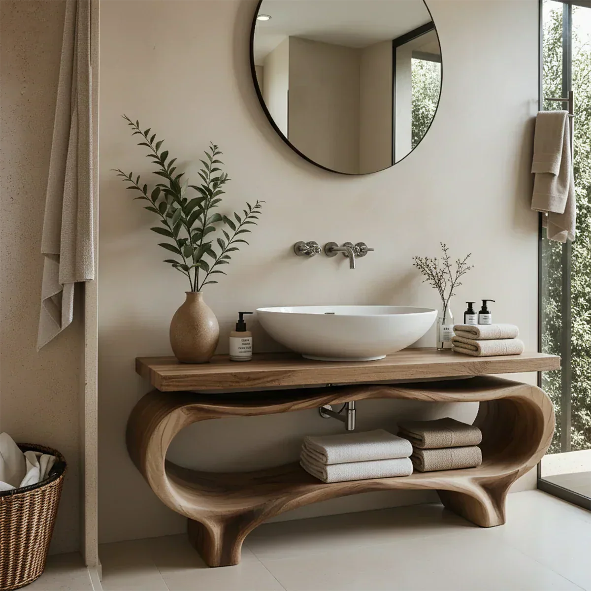 Organic Wave Solid Wood Vanity – Sculpted Open Shelf Spa Console - Rustiracraft 