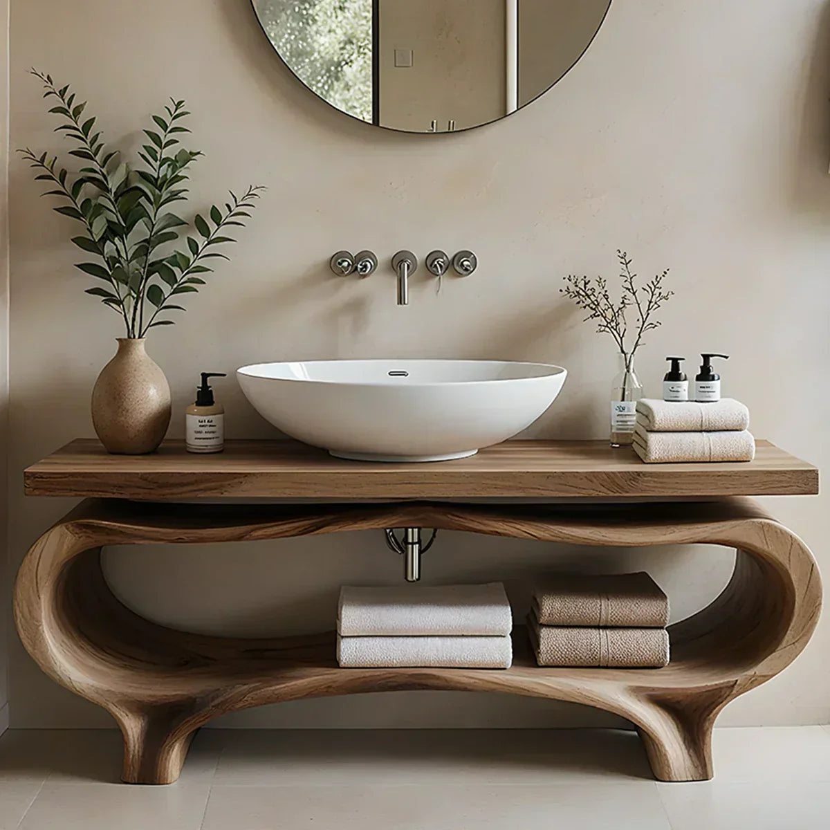 Organic Wave Solid Wood Vanity – Sculpted Open Shelf Spa Console - Rustiracraft 
