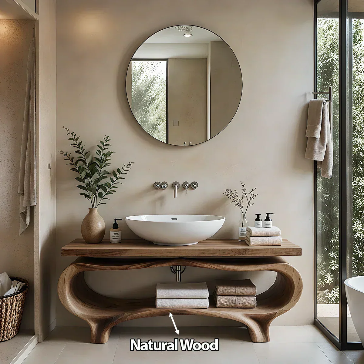 Organic Wave Solid Wood Vanity – Sculpted Open Shelf Spa Console - Rustiracraft 