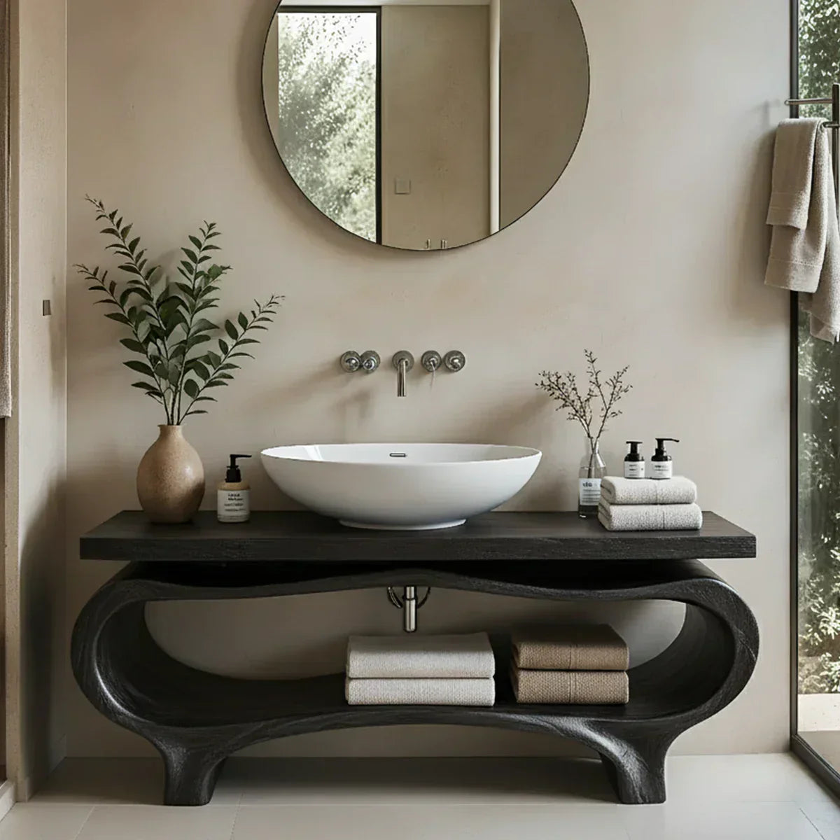 Organic Wave Solid Wood Vanity – Sculpted Open Shelf Spa Console - Rustiracraft 