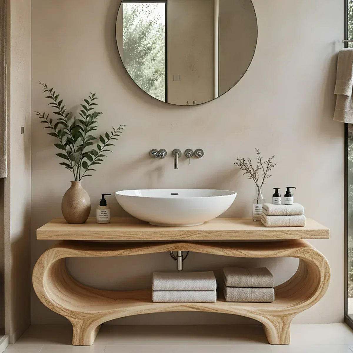 Organic Wave Solid Wood Vanity – Sculpted Open Shelf Spa Console - Rustiracraft 