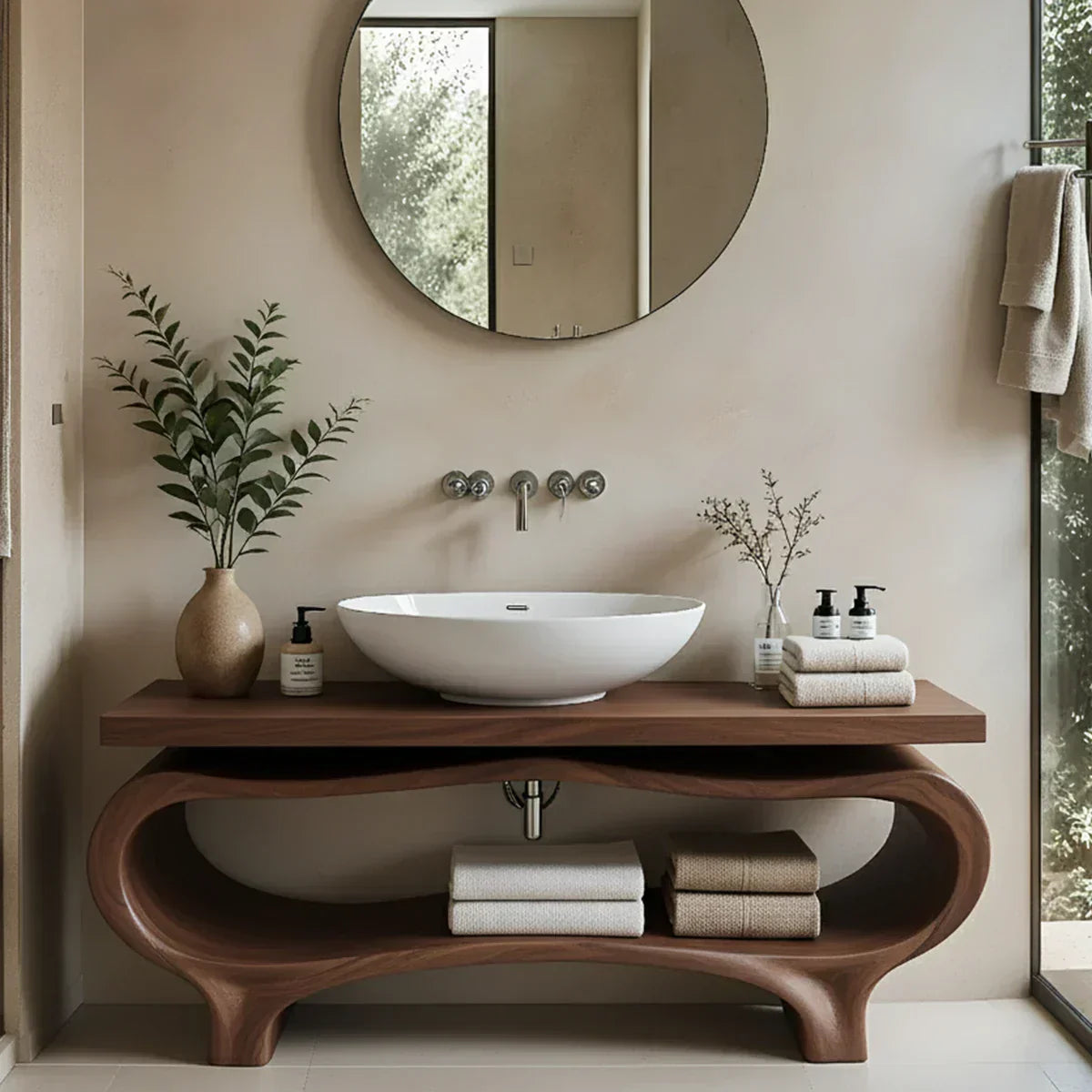 Organic Wave Solid Wood Vanity – Sculpted Open Shelf Spa Console - Rustiracraft 