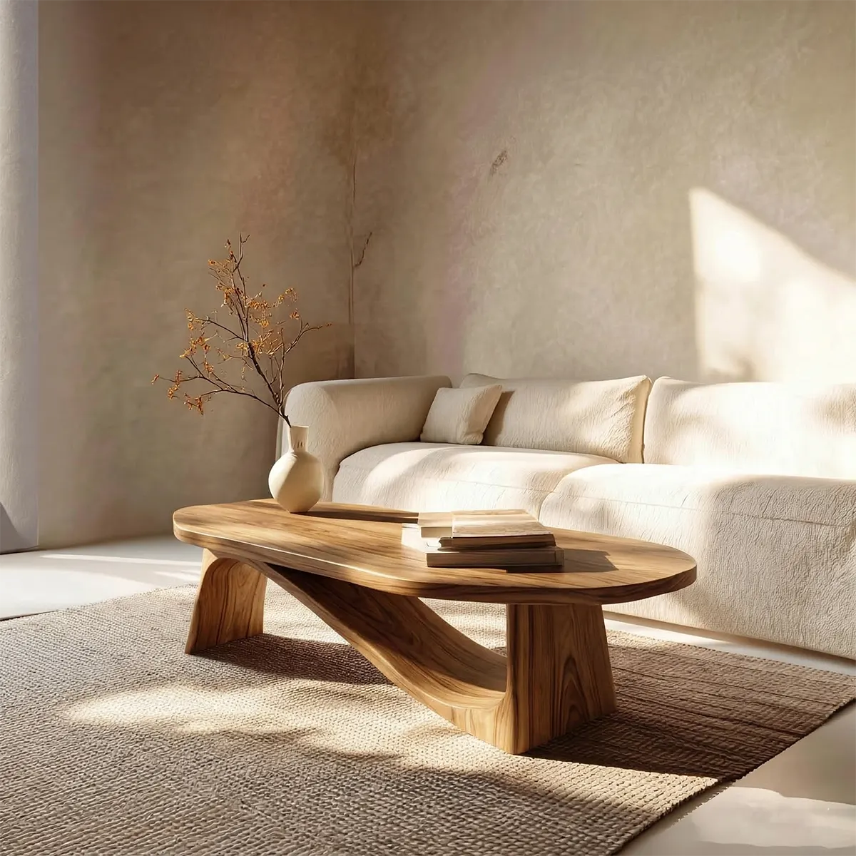 Oval Sculptural Coffee Table with Bridge Base in Natural Solid Wood - Rustiracraft 