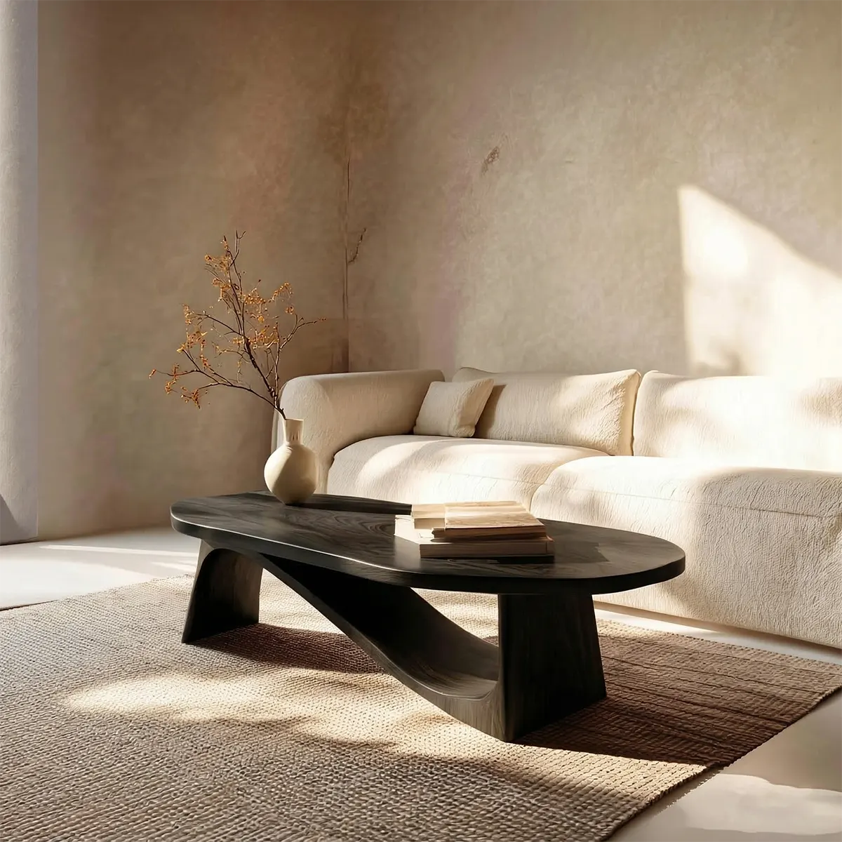 Oval Sculptural Coffee Table with Bridge Base in Natural Solid Wood - Rustiracraft 