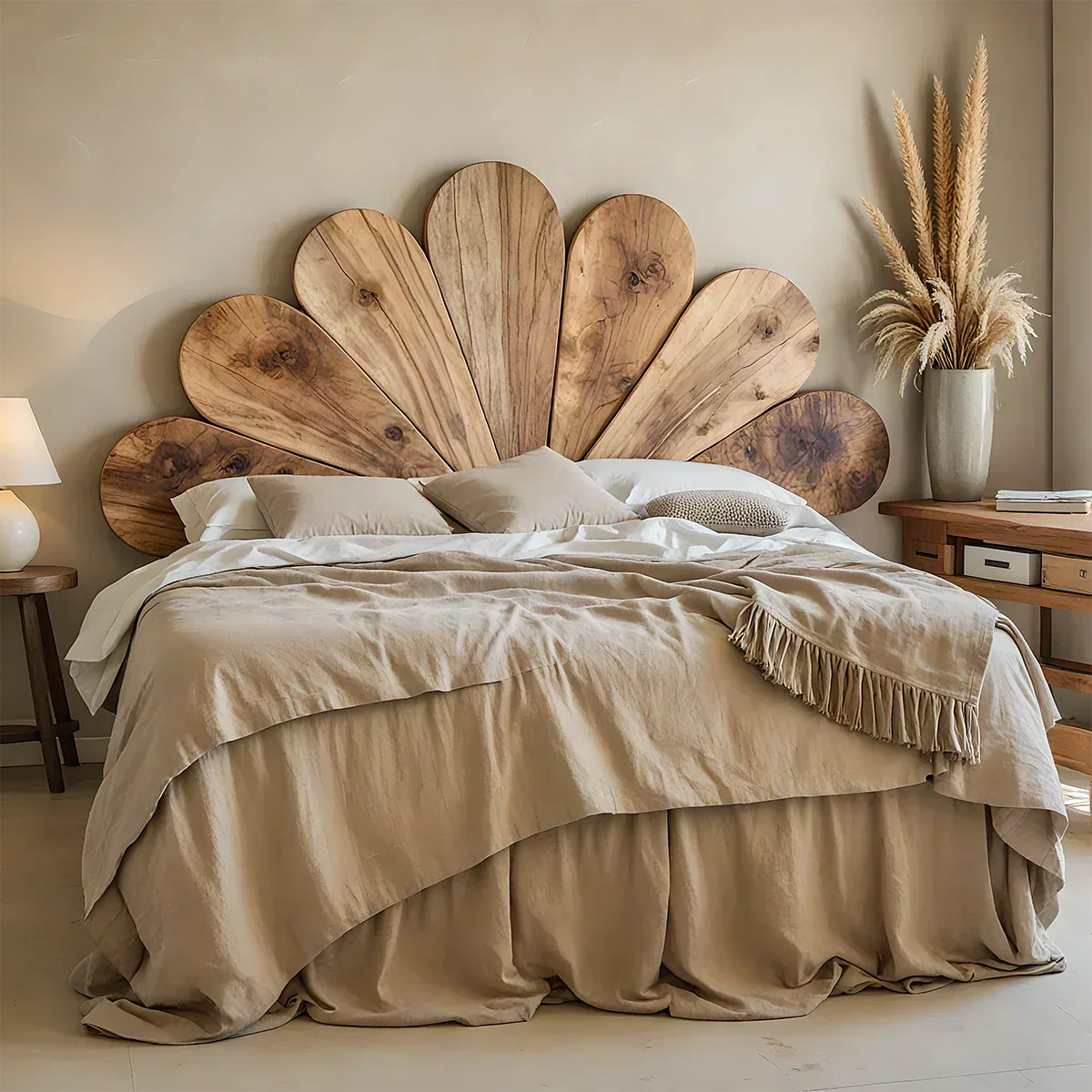 Petal Bloom Solid Wood Headboard – Natural Sculptural Bedroom Accent - Rustiracraft