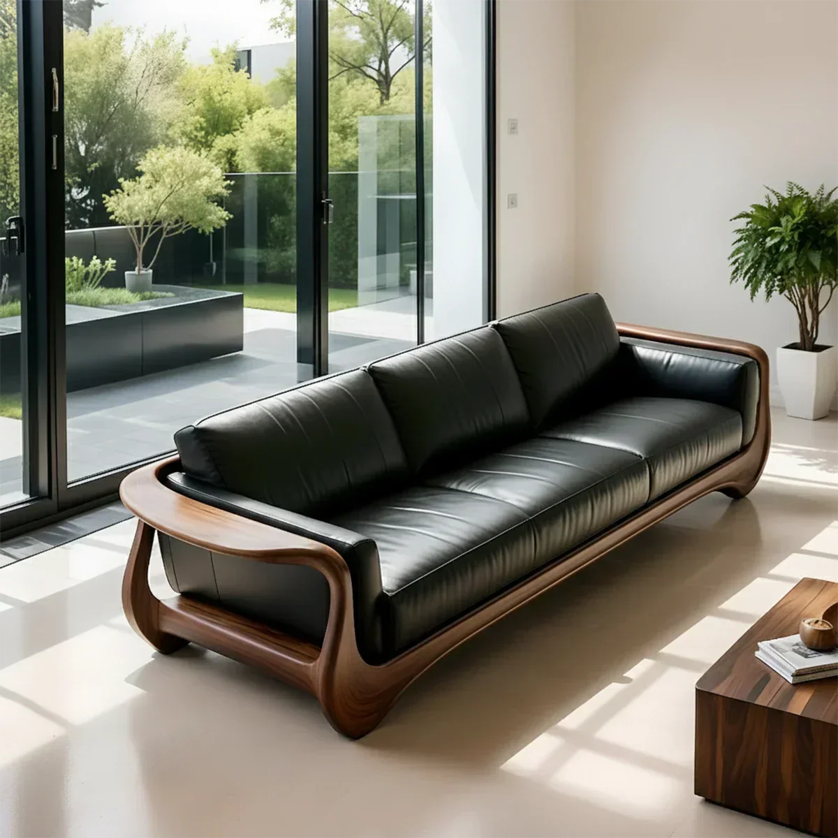 Premium Leather & Natural Solid Wood Sofa – Sculpted Modern Form - Rustiracraft 