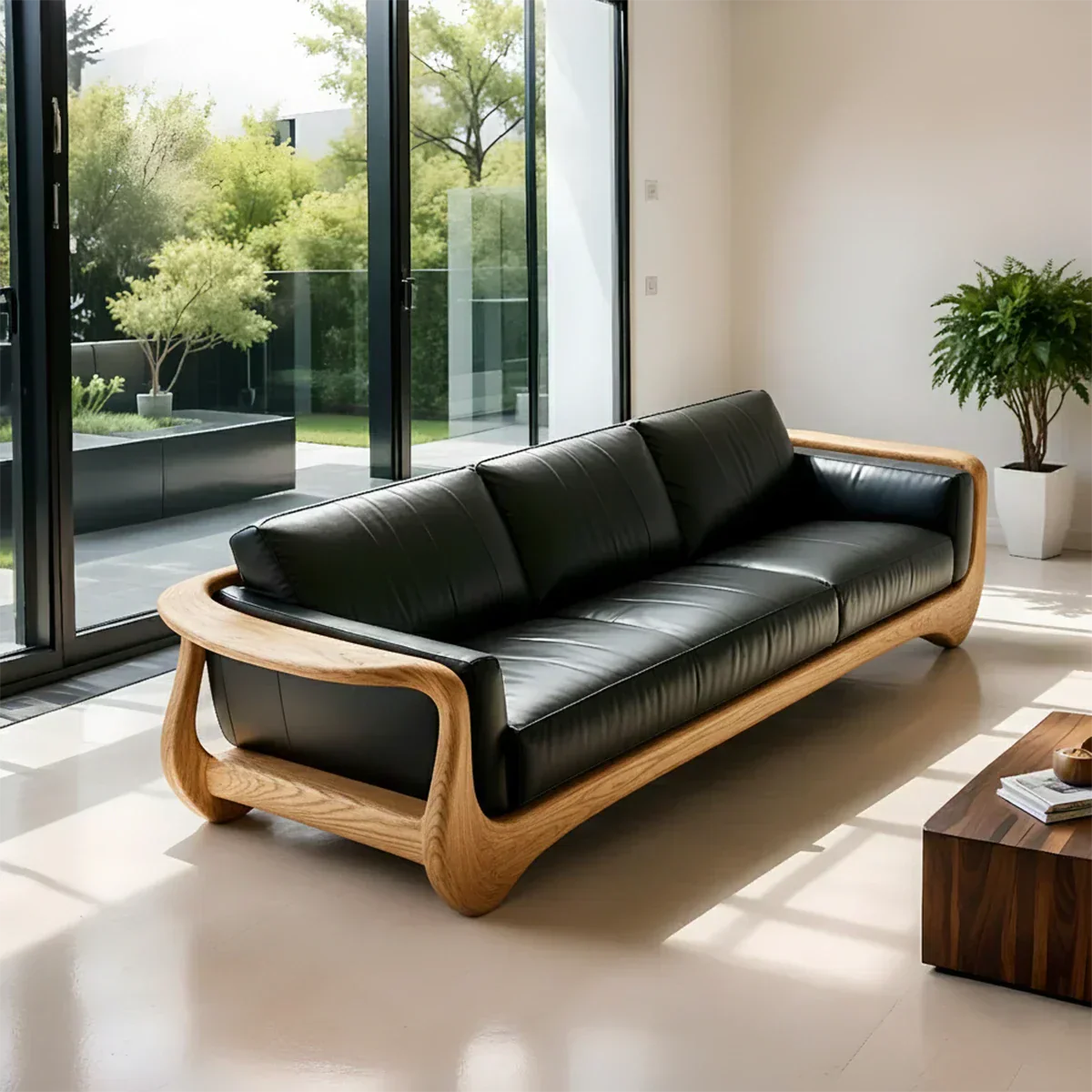 Premium Leather & Natural Solid Wood Sofa – Sculpted Modern Form - Rustiracraft 