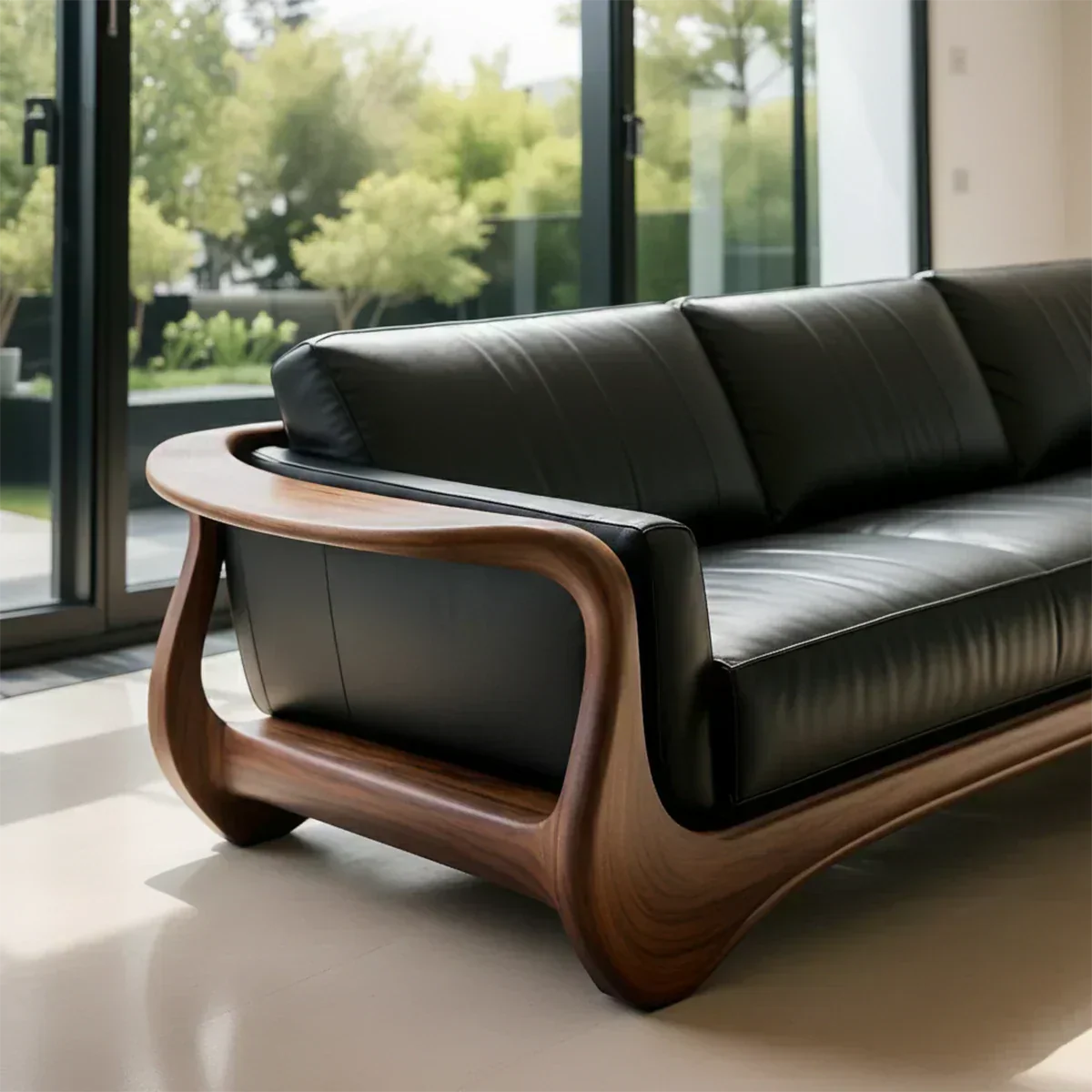 Premium Leather & Natural Solid Wood Sofa – Sculpted Modern Form - Rustiracraft