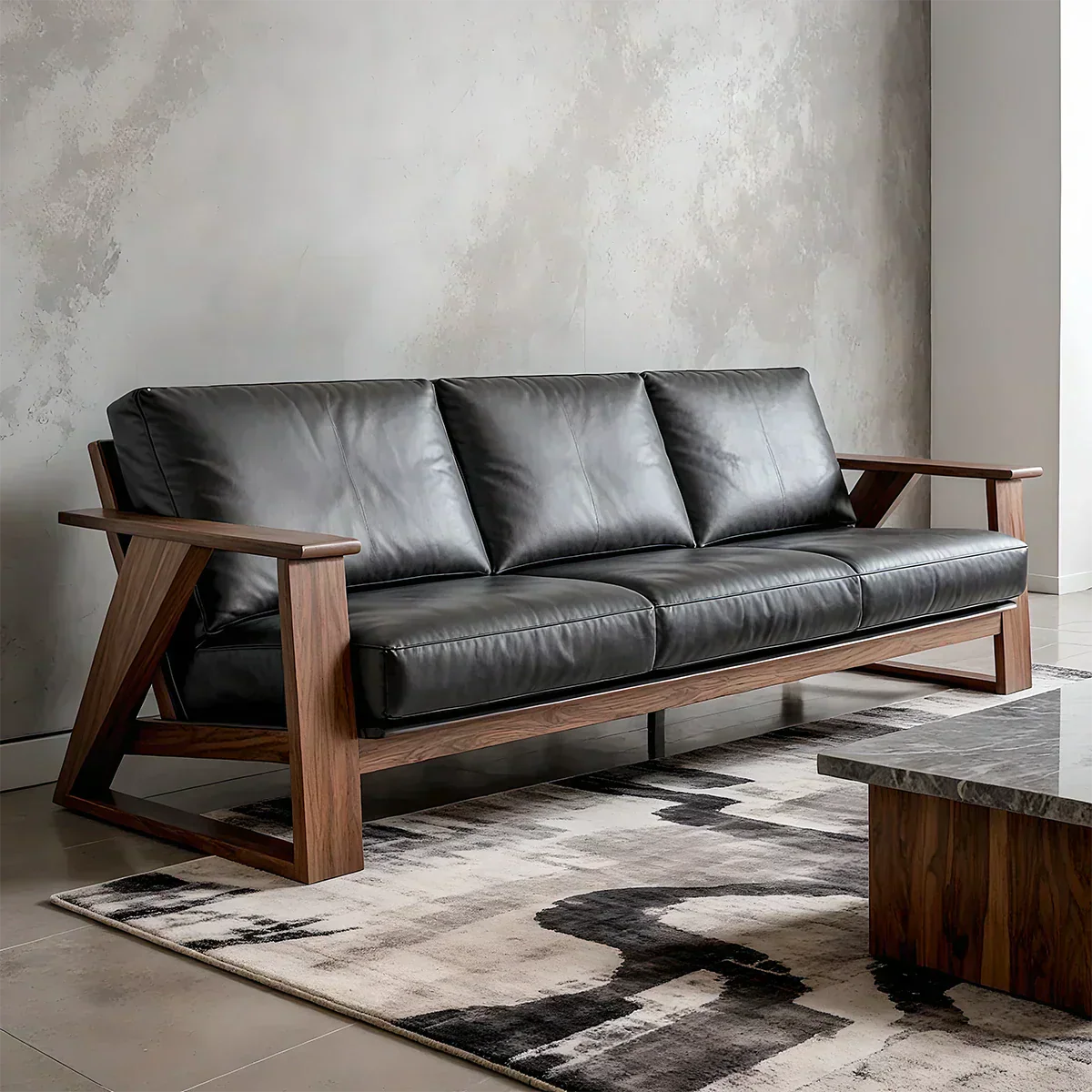 Premium Leather Sofa with Modern Z-Frame in Natural Solid Wood - Rustiracraft