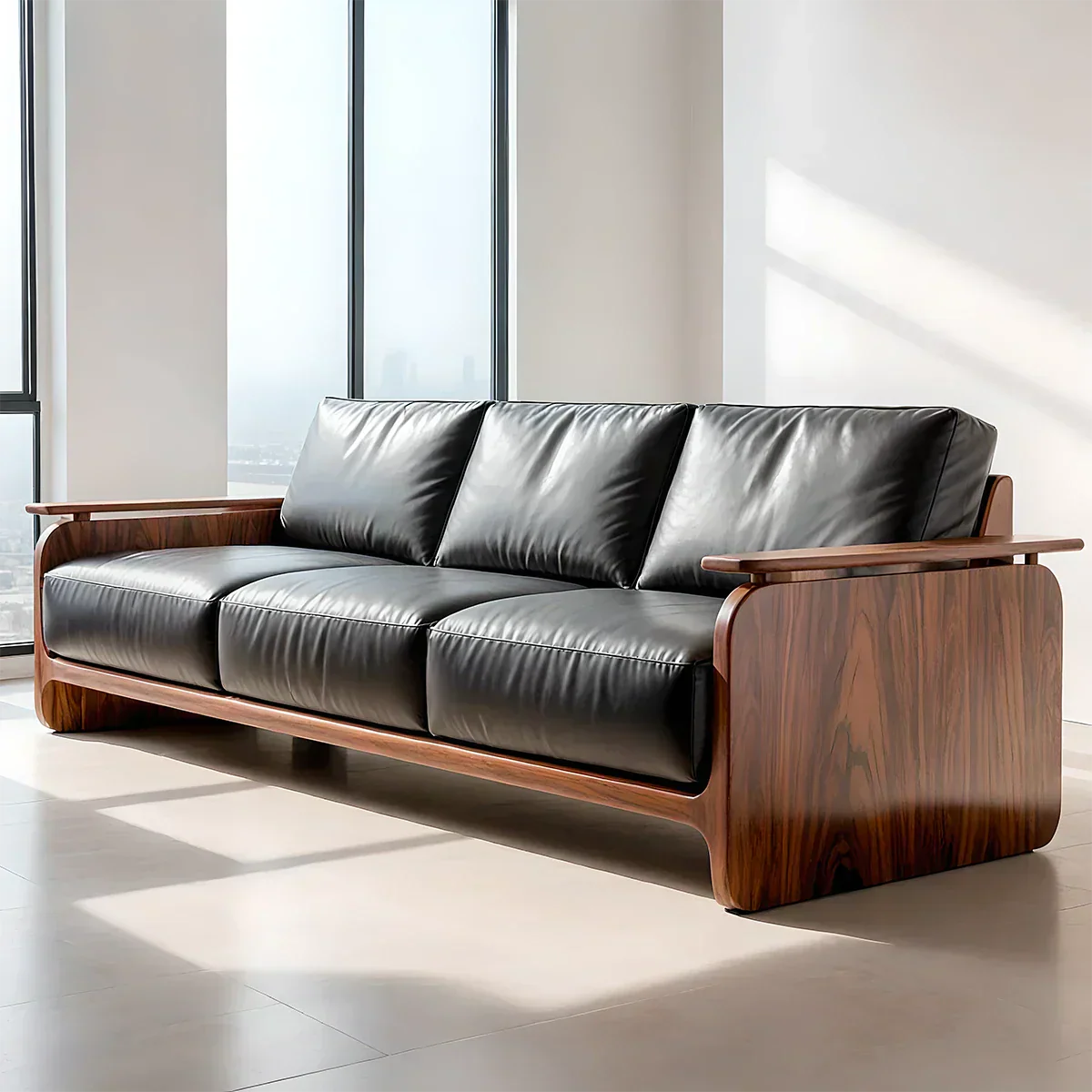 Premium Leather Sofa with Solid Wood Base – Modern Minimalist - Rustiracraft 