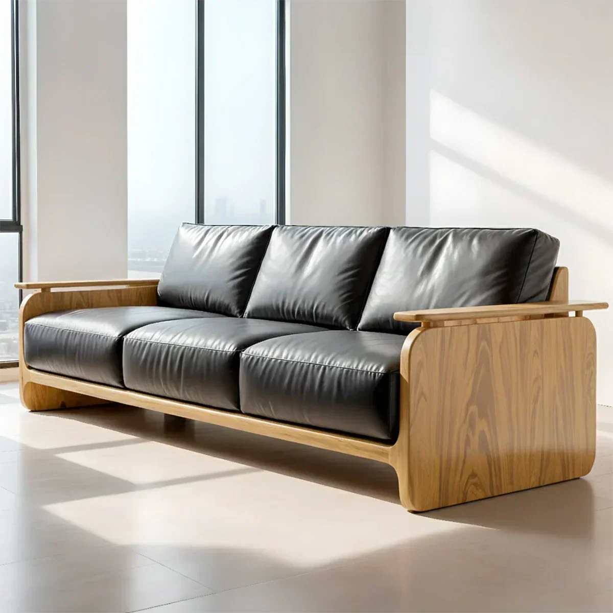 Premium Leather Sofa with Solid Wood Base – Modern Minimalist - Rustiracraft 