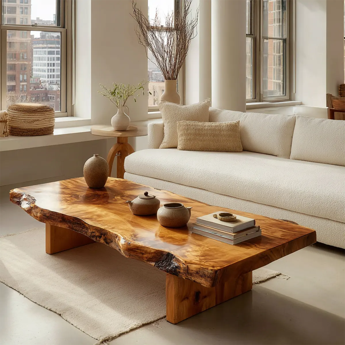Premium Live Edge Coffee Table with Low Pedestal Base in Natural Solid Wood - Rustiracraft 