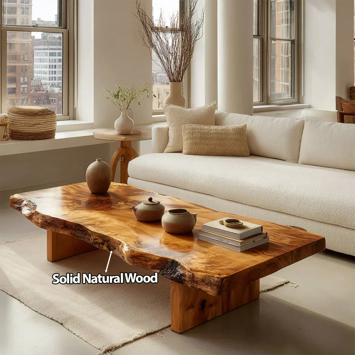 Premium Live Edge Coffee Table with Low Pedestal Base in Natural Solid Wood - Rustiracraft 