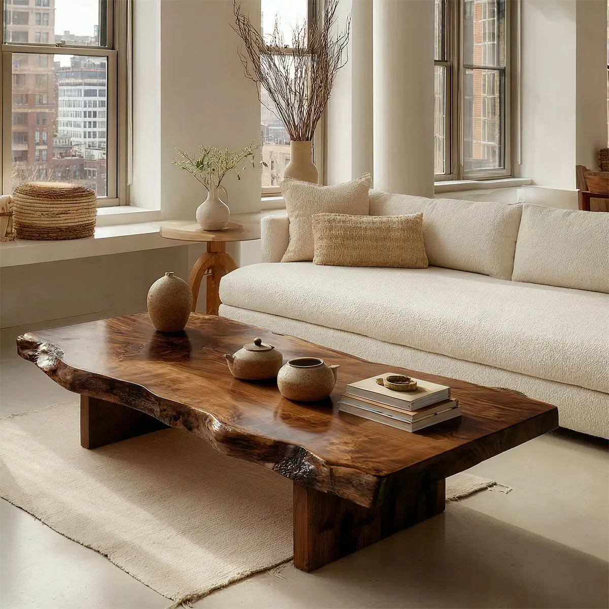 Premium Live Edge Coffee Table with Low Pedestal Base in Natural Solid Wood - Rustiracraft 