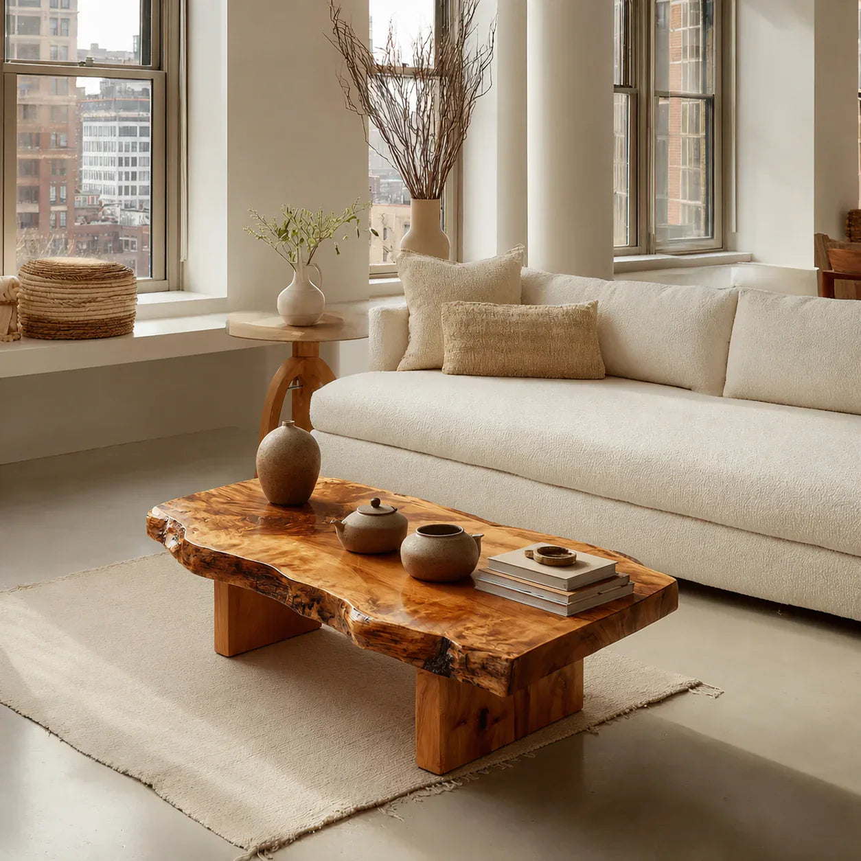Premium Live Edge Coffee Table with Low Pedestal Base in Natural Solid Wood - Rustiracraft