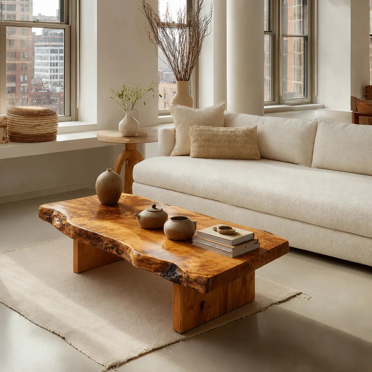 Premium Live Edge Coffee Table with Low Pedestal Base in Natural Solid Wood - Rustiracraft