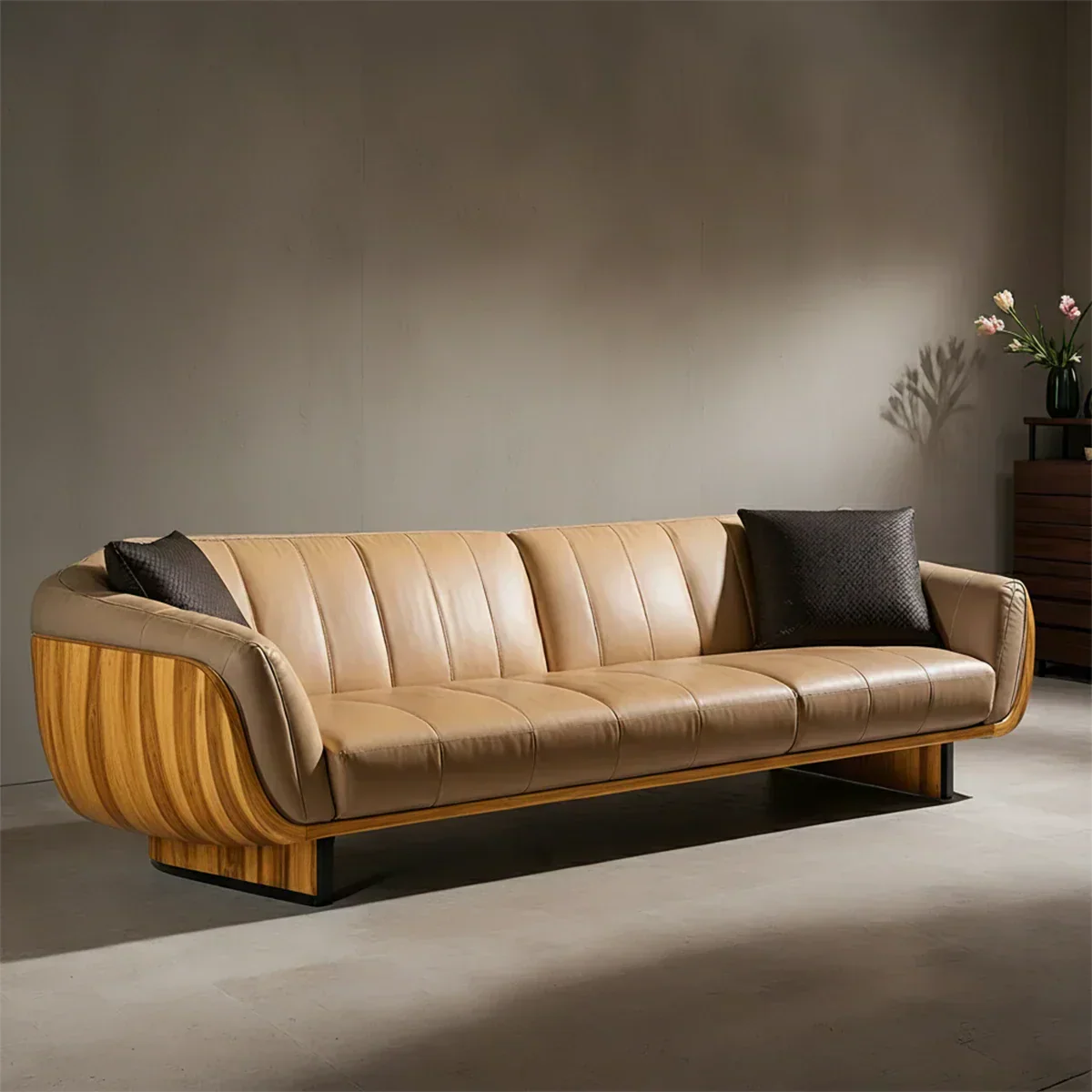 Premium Solid Wood Leather Sofa – Modern Sculptural Design - Rustiracraft 