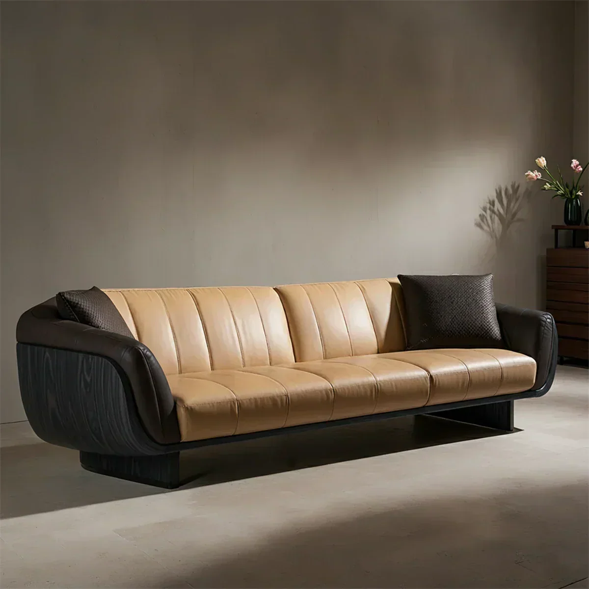 Premium Solid Wood Leather Sofa – Modern Sculptural Design - Rustiracraft